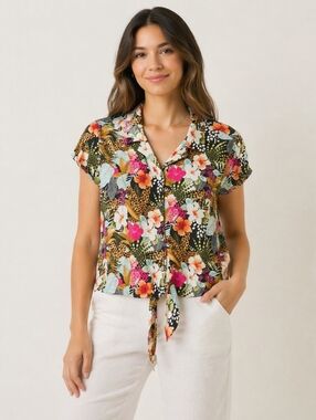 Christopher & Banks Tropical Floral Tie Front Blouse Large Retro Safari Print